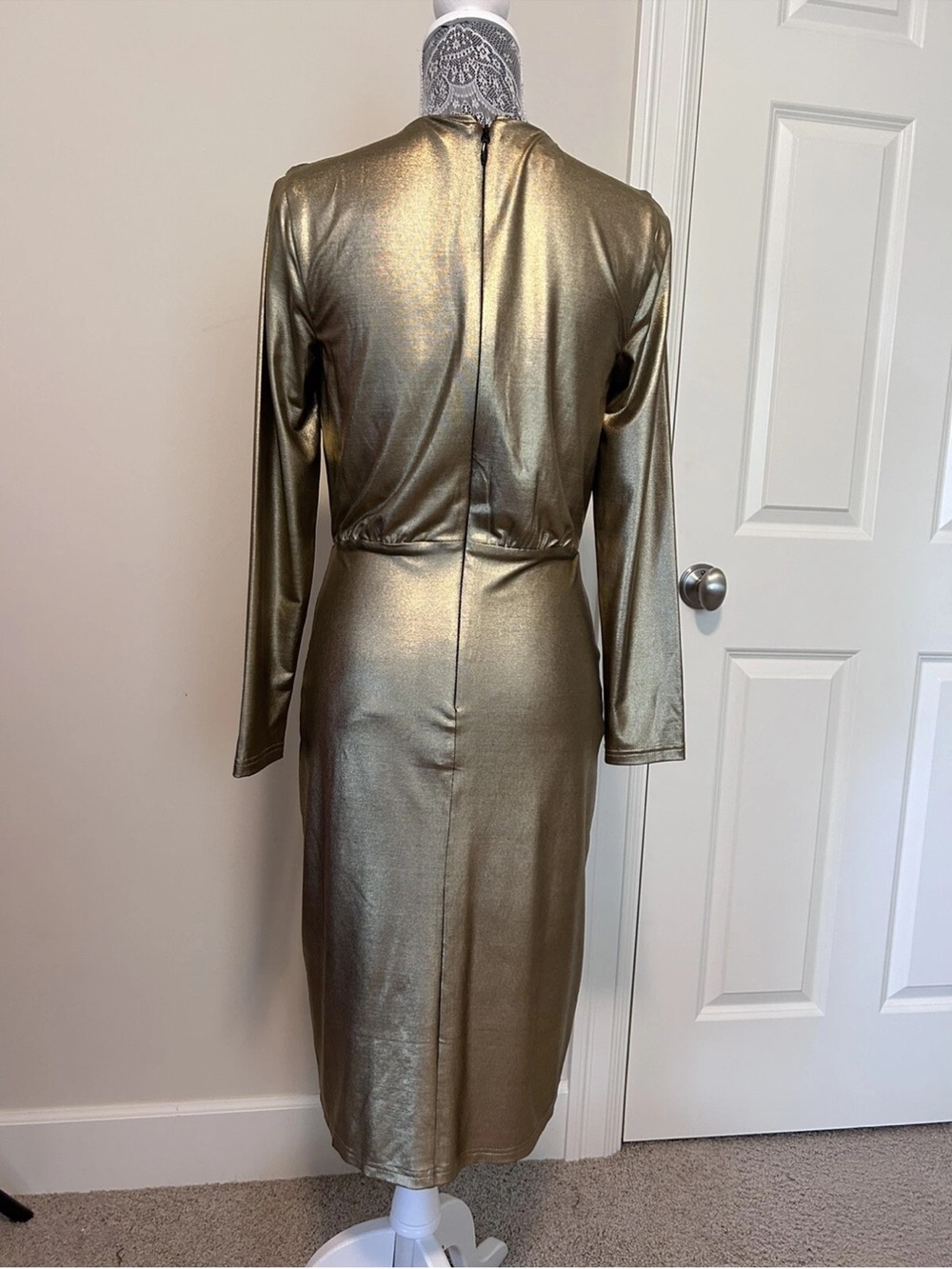 bebe Metallic Gold Wrap-Front Long Sleeve Midi Dress - Picture 8 of 9